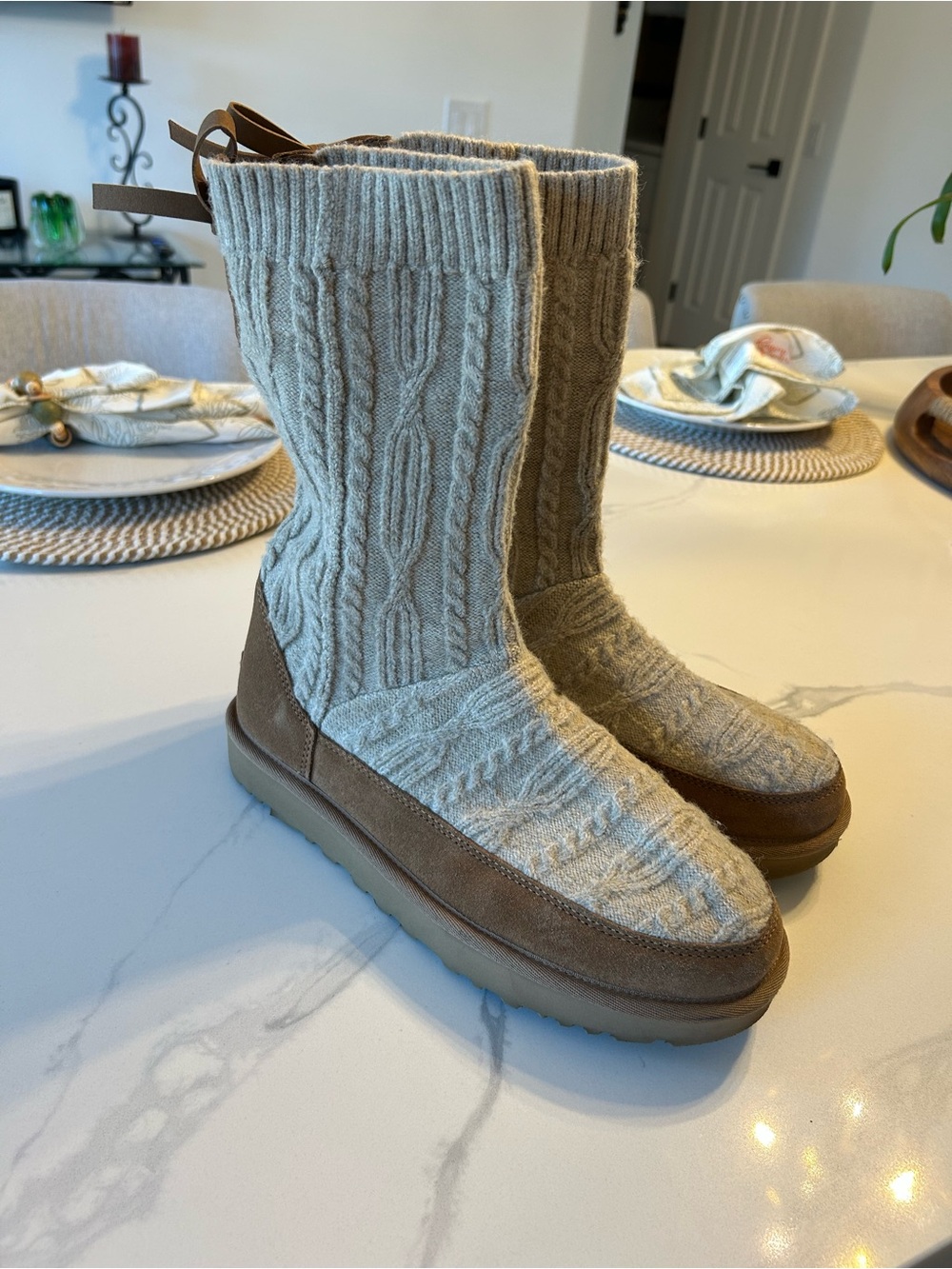 UGG Women's Cabelle Knit Cable Boot in Cream and Brown. Sz 9